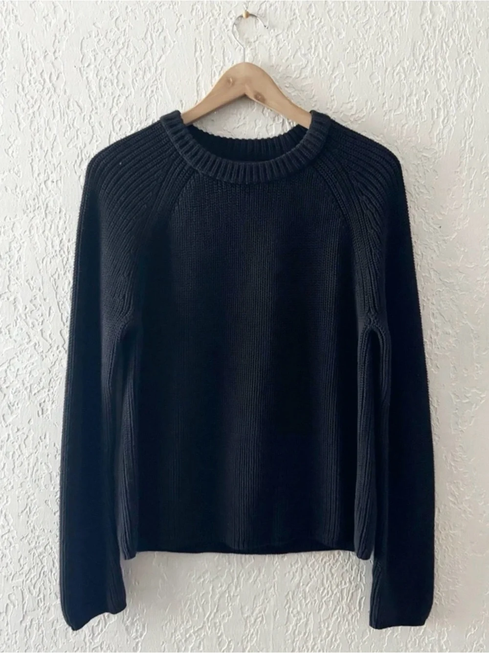 Jenni Kayne Fisherman Sweater Med Black Cotton Chunky Knit Crew Pullover Minimal